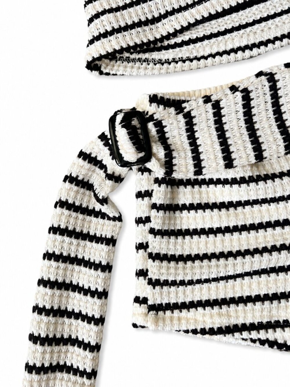 SHEIN XS Black Cream Crochet Stripe Off Shoulder Short Set - Picture 3 of 4
